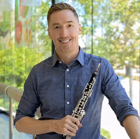 James Button holding his Marigaux 920A oboe