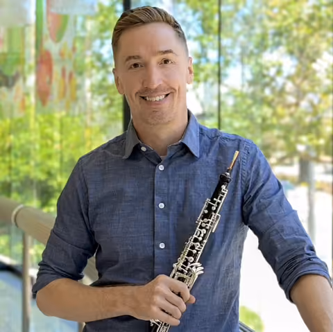 James Button holding his Marigaux 920A oboe