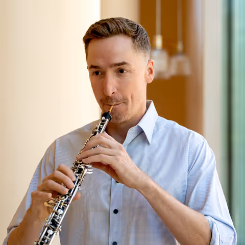James Button playing his Marigaux 920A oboe in the lobby of Davies Symphony Hall